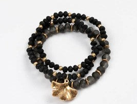 Bracelet set mix of 3 black, grey & gold leaf charm